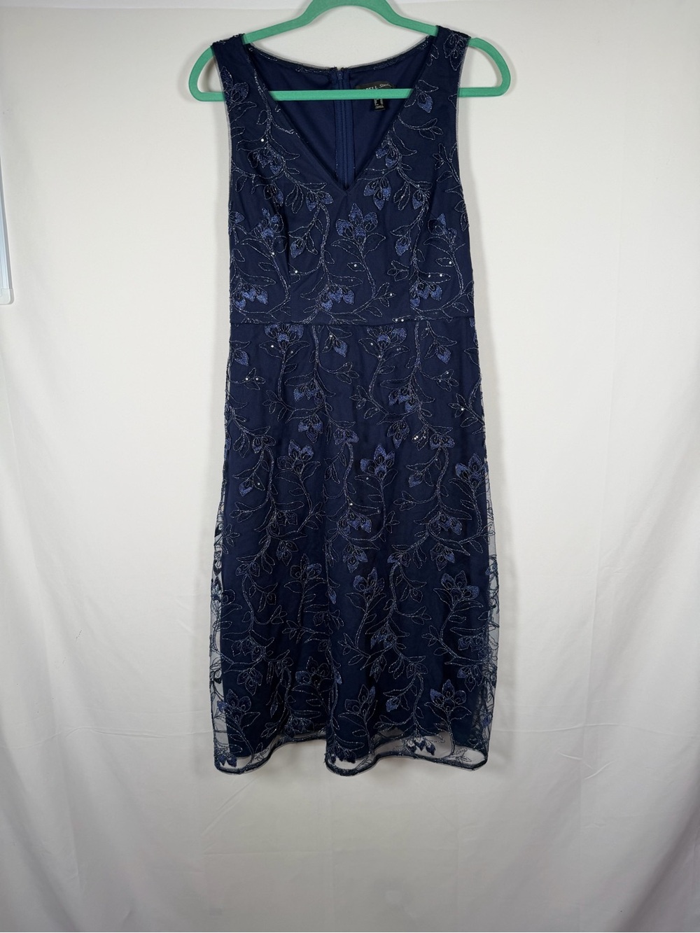 Papell Studio Navy V-Neck Embroidered Sleeveless Midi Dress - wedding guest